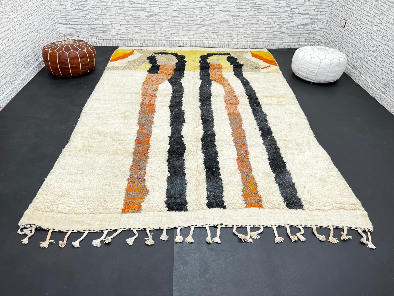 Abstract Orange Black Moroccan Wool Rug – Handmade Modern Berber