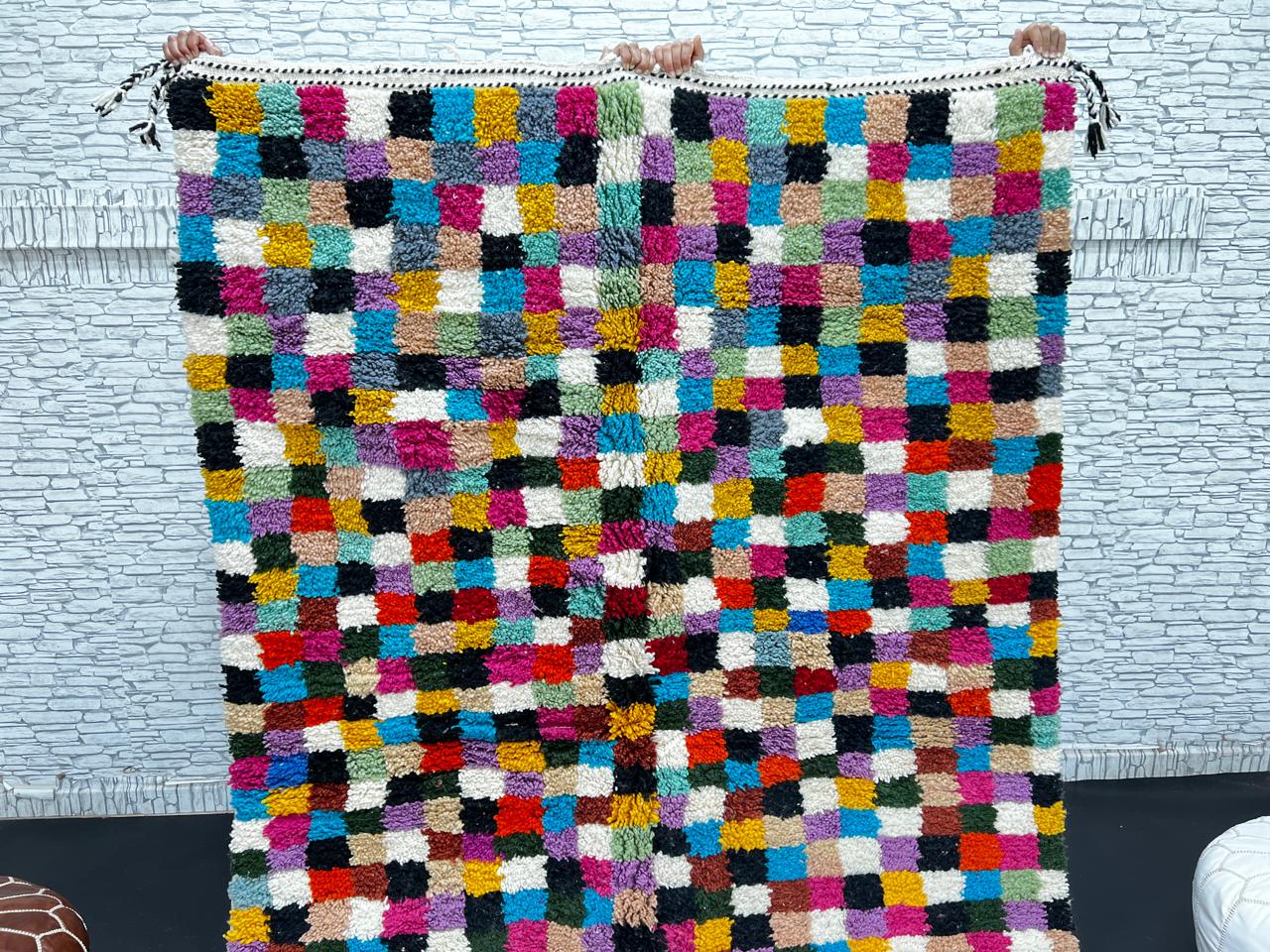 Checkerboard Multicolor Moroccan Wool Rug – Handmade Natural Wool