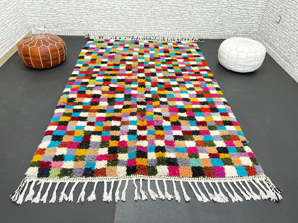 Checkerboard Multicolor Moroccan Wool Rug – Handmade Natural Wool
